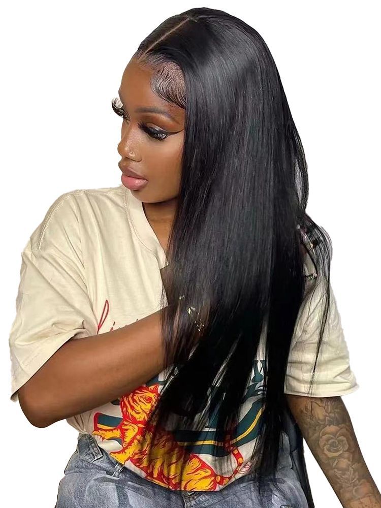 Black Medium-Length Straight Synthetic Wig- T- Shaped Lace Front