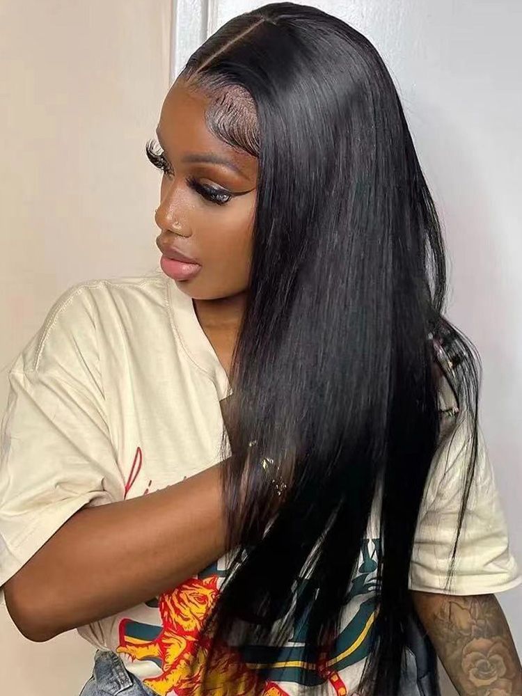 Black Medium-Length Straight Synthetic Wig- T- Shaped Lace Front