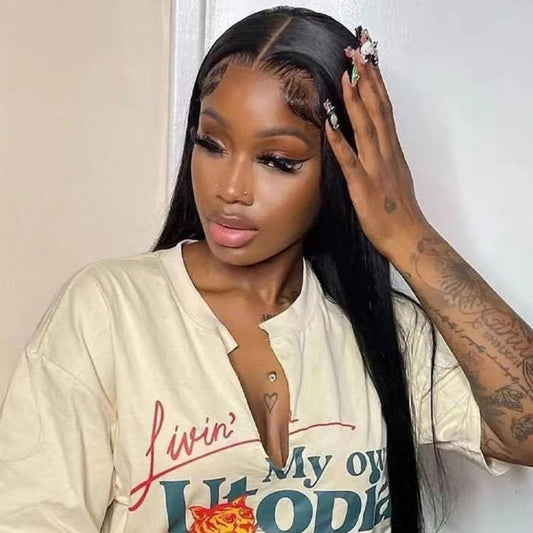 Black Medium-Length Straight Synthetic Wig- T- Shaped Lace Front