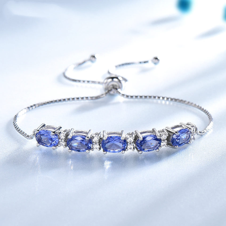Women Gemstone Blue Topaz Adjustable Chain Link Bracelet
