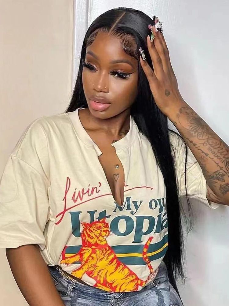 Black Medium-Length Straight Synthetic Wig- T- Shaped Lace Front