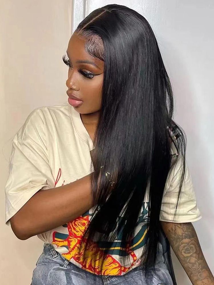 Black Medium-Length Straight Synthetic Wig- T- Shaped Lace Front