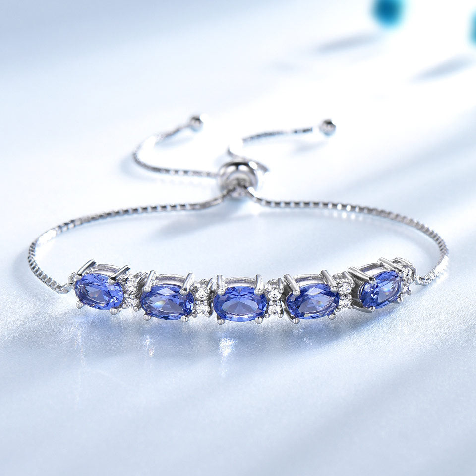 Women Gemstone Blue Topaz Adjustable Chain Link Bracelet